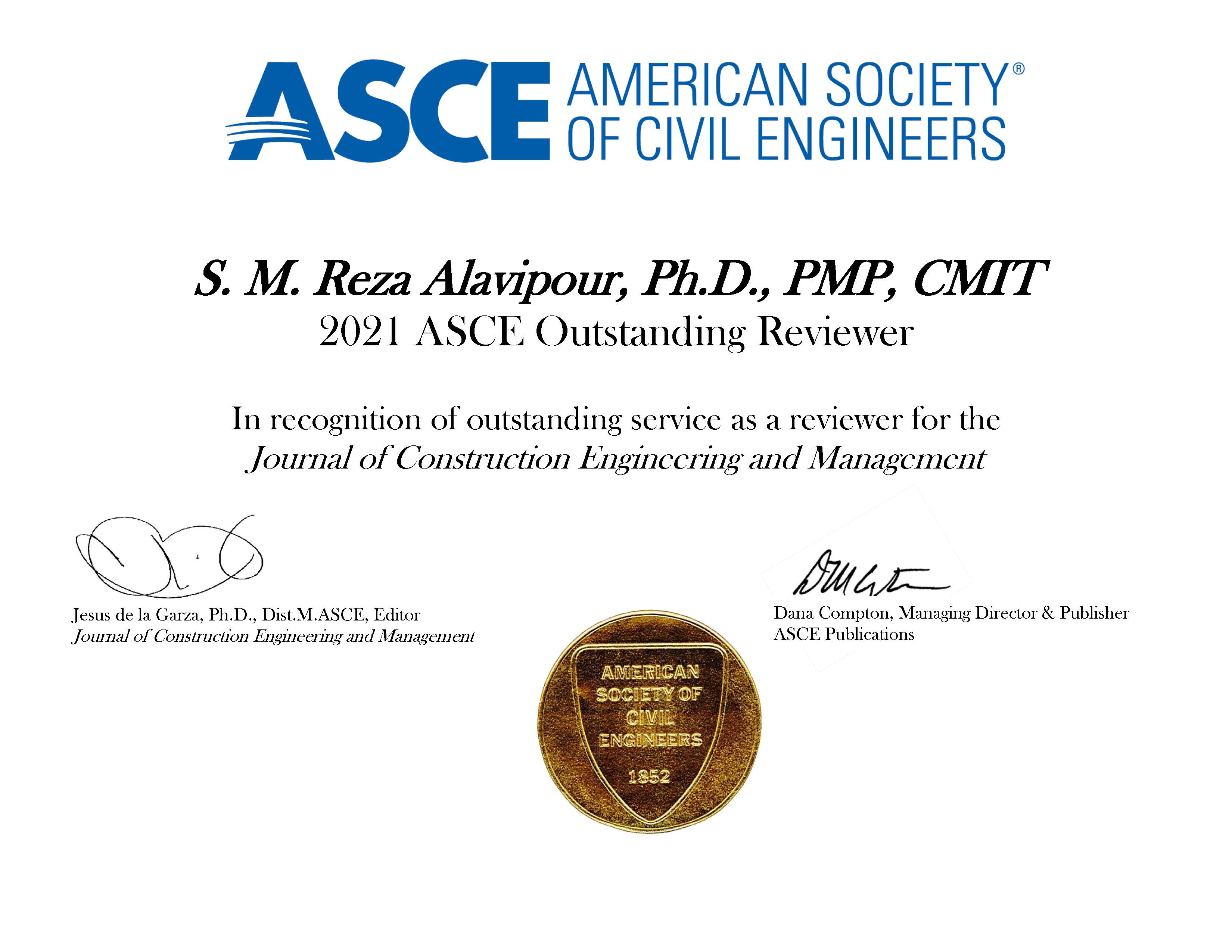 انتخاب دکتر علوی پور به عنوان داور برجسته ژورنال مدیریت ساخت ASCE در سال 2021